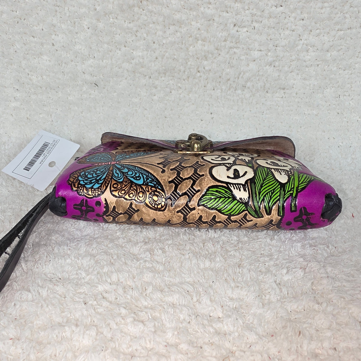 Mexican Hand-Tooled Leather Butterfly & Calla Lily Wristlet Clutch — Tan & Magenta