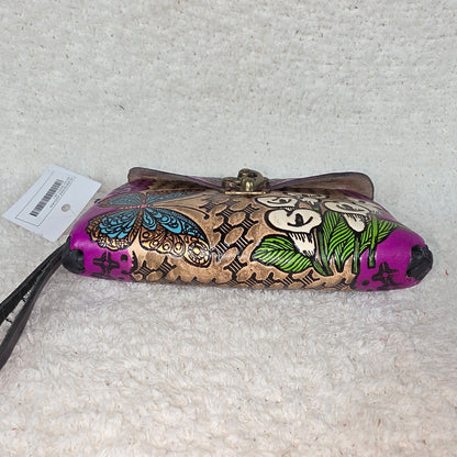Mexican Hand-Tooled Leather Butterfly & Calla Lily Wristlet Clutch — Tan & Magenta
