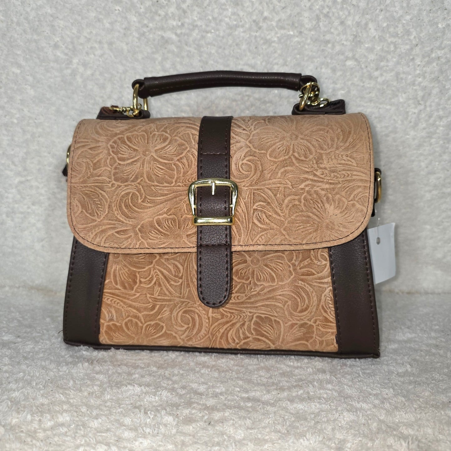 Handcrafted Mexican Floral Embossed Pinkish Tan Genuine Leather Top-Handle Bag