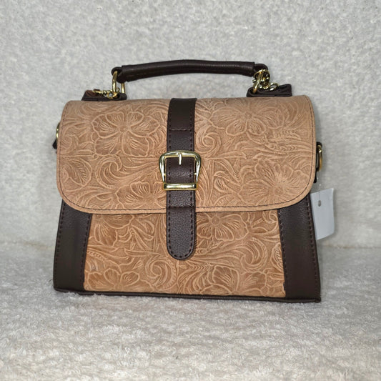Pinkish Tan Floral Embossed Genuine Leather Top-Handle Bag — Handmade in León, Guanajuato, Mexico