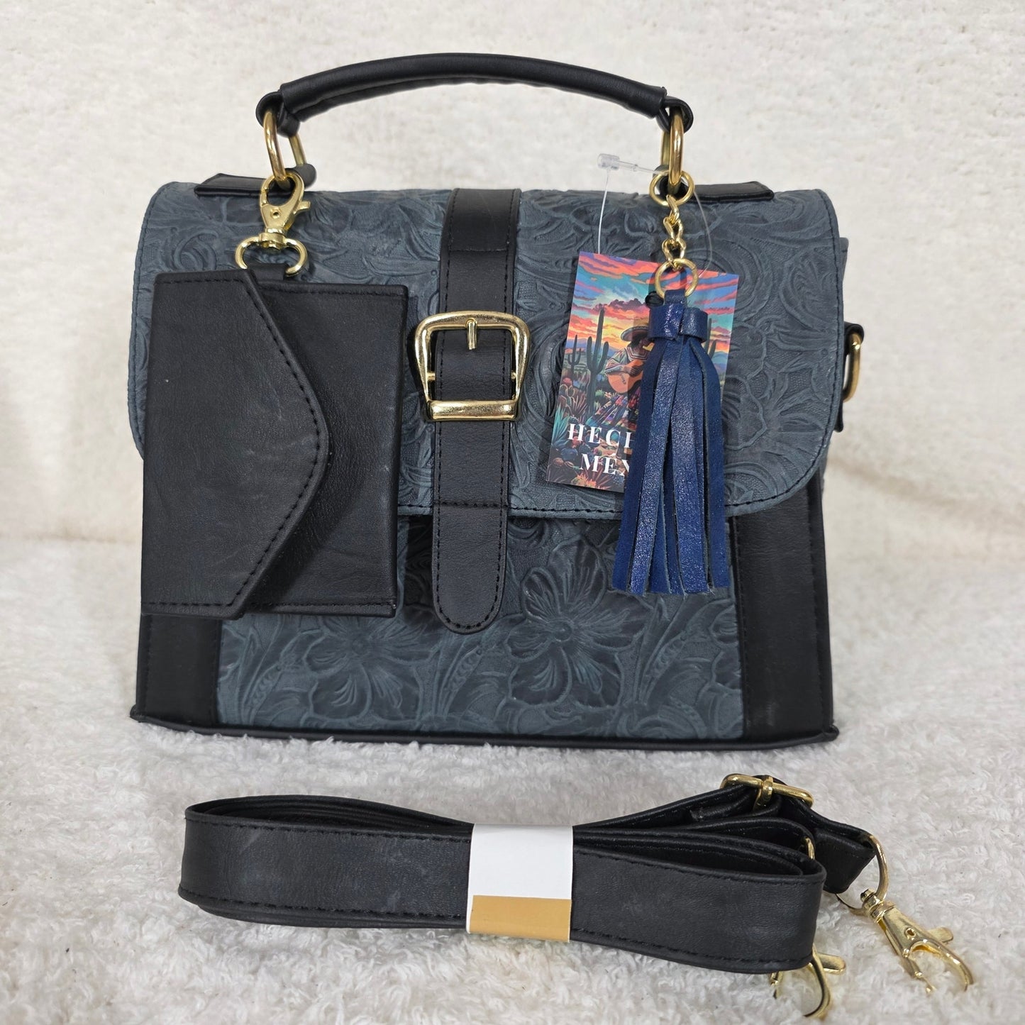 Handcrafted Mexican Floral Embossed Navy Blue Genuine Leather Top-Handle Bag
