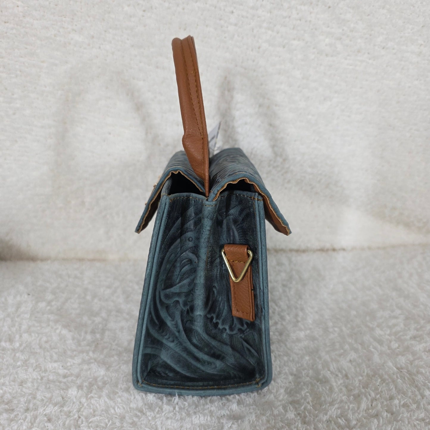 Teal Green Floral Embossed Leather Mini Bag with Detachable Strap