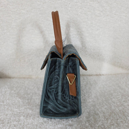 Teal Green Floral Embossed Leather Mini Bag with Detachable Strap