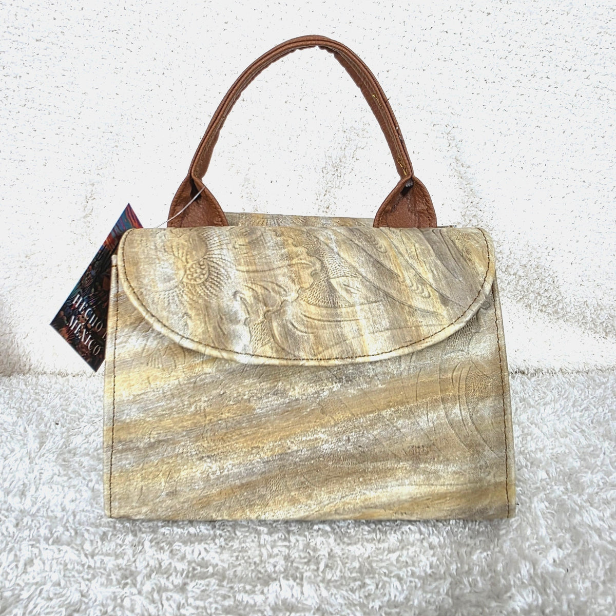 Cream Floral Embossed Leather Mini Bag with Detachable Strap