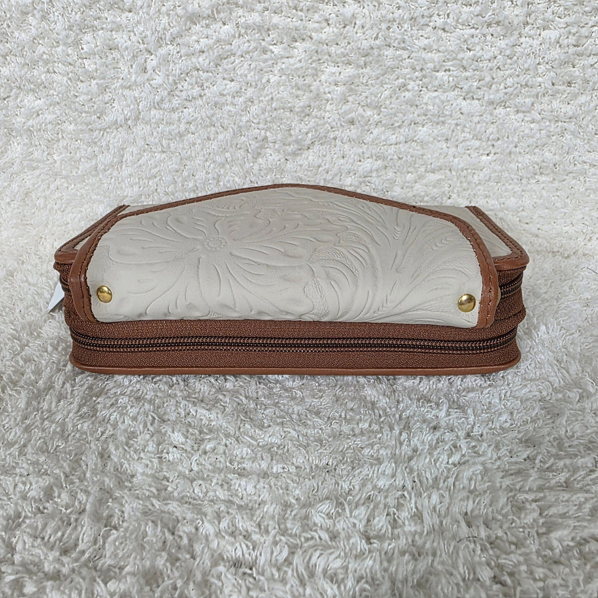 Stone Gray Floral Embossed Leather Convertible Wallet Crossbody with Brown Trim