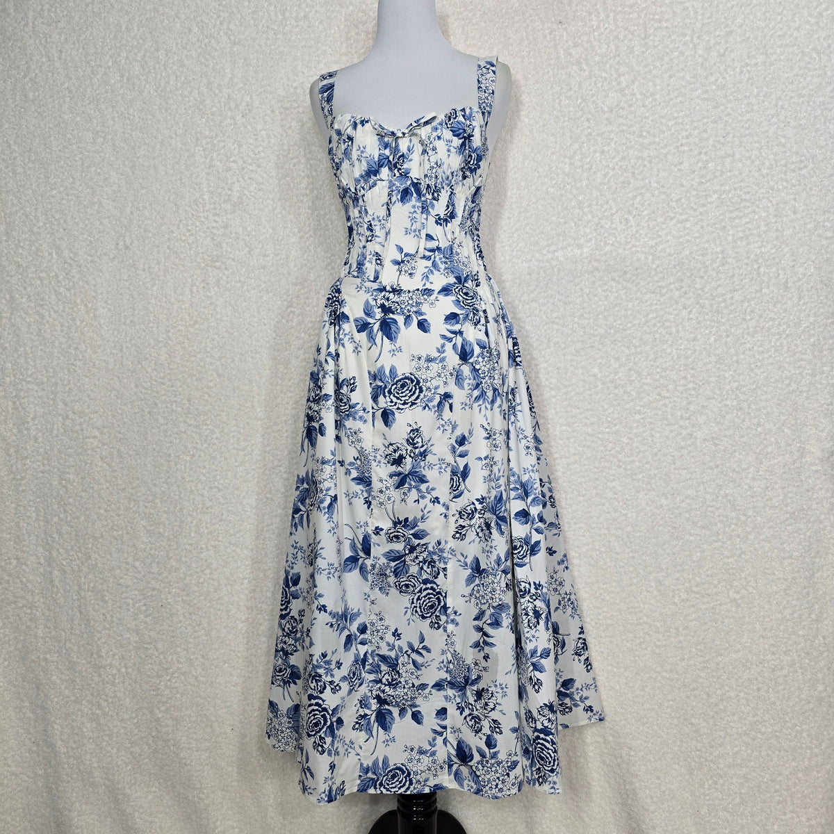 Moon River Ivory & Blue Toile Floral Sleeveless Corset Midi Dress