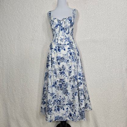 Moon River Ivory & Blue Toile Floral Sleeveless Corset Midi Dress