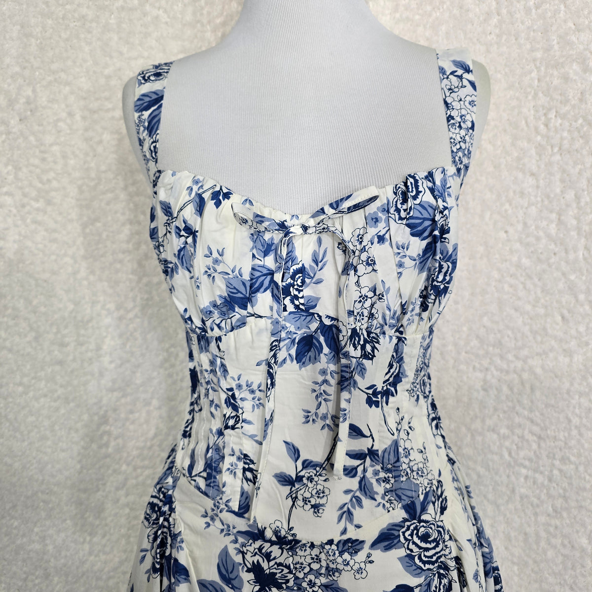 Moon River Ivory & Blue Toile Floral Sleeveless Corset Midi Dress