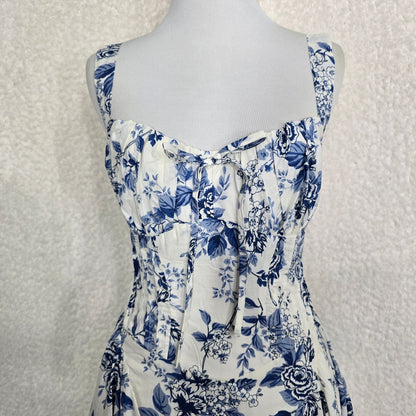 Moon River Ivory & Blue Toile Floral Sleeveless Corset Midi Dress