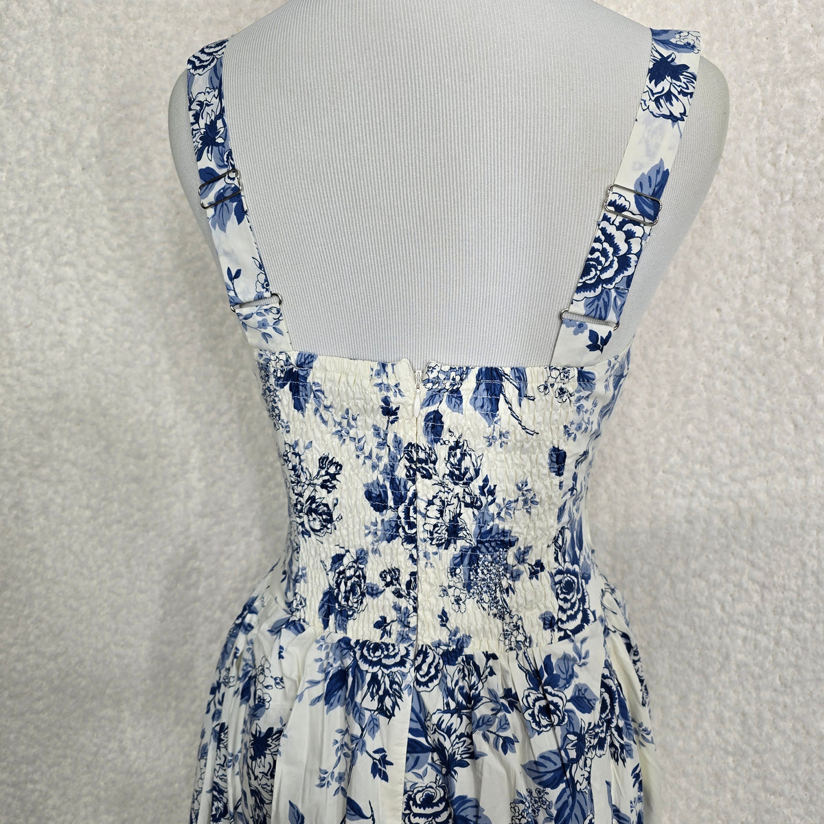 Moon River Ivory & Blue Toile Floral Sleeveless Corset Midi Dress