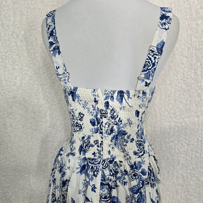 Moon River Ivory & Blue Toile Floral Sleeveless Corset Midi Dress