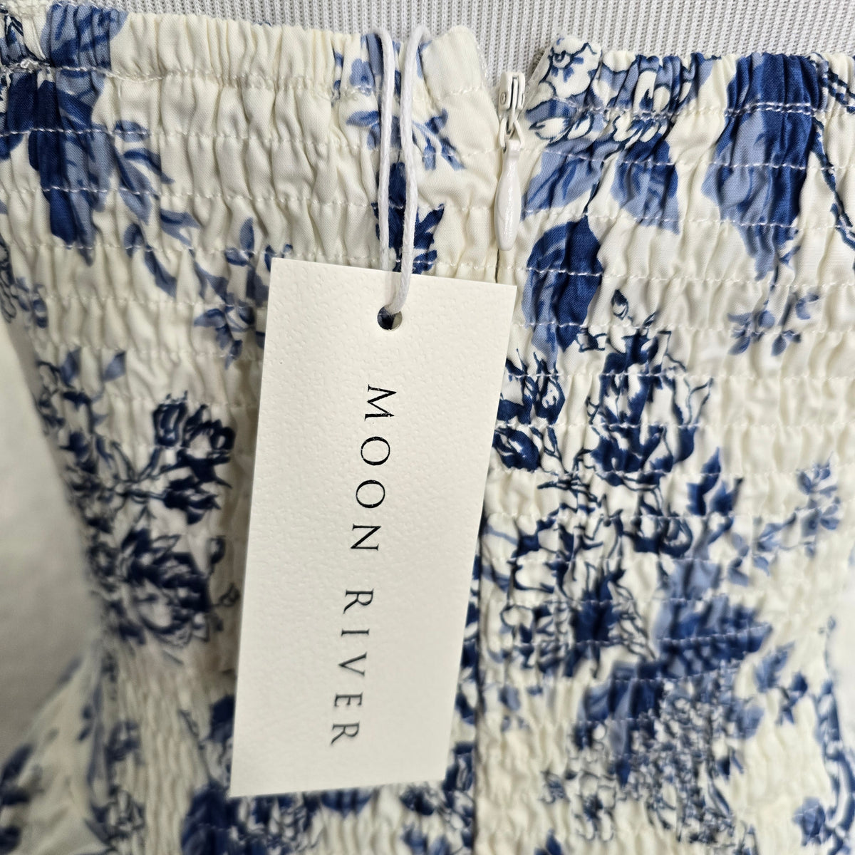 Moon River Ivory & Blue Toile Floral Sleeveless Corset Midi Dress