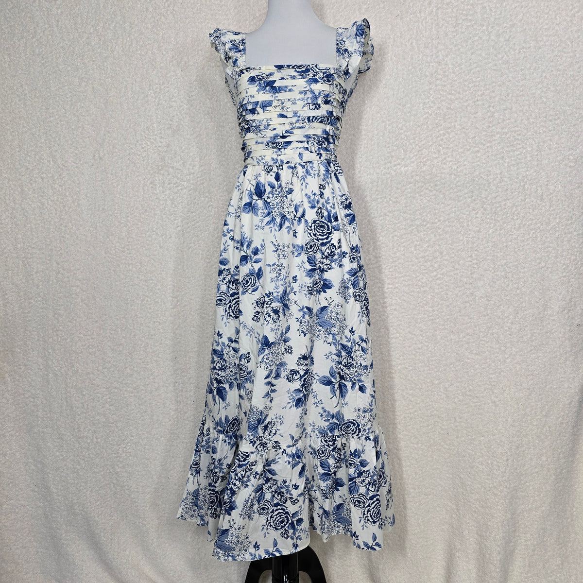 Moon River Ivory & Blue Toile Floral Front Pleating Ruffle Sleeve Midi Dress