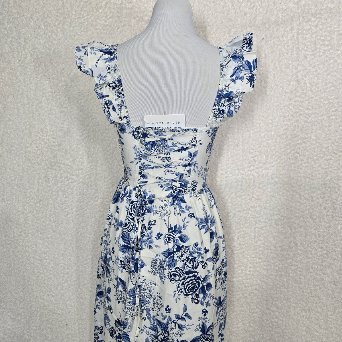 Moon River Ivory & Blue Toile Floral Front Pleating Ruffle Sleeve Midi Dress