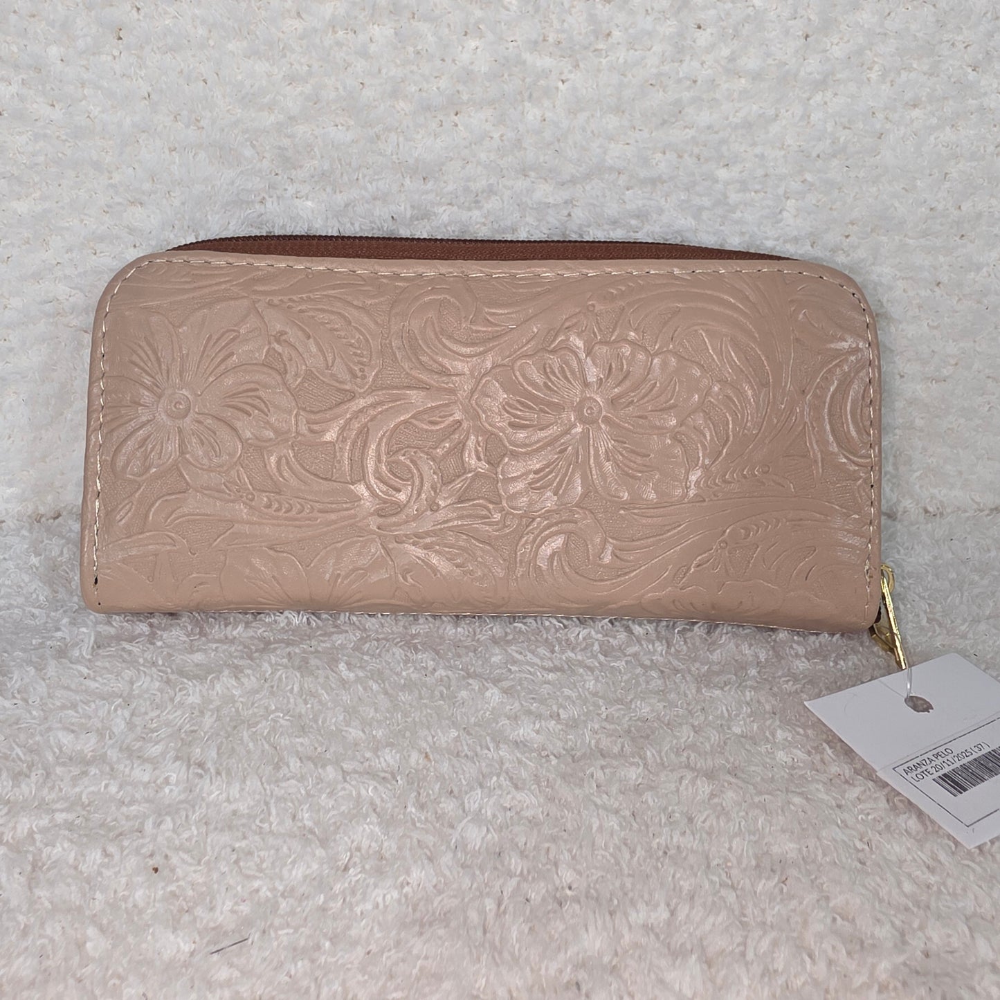 Nude Floral Embossed & Cowhide Hair-On Leather Double Zip Wallet