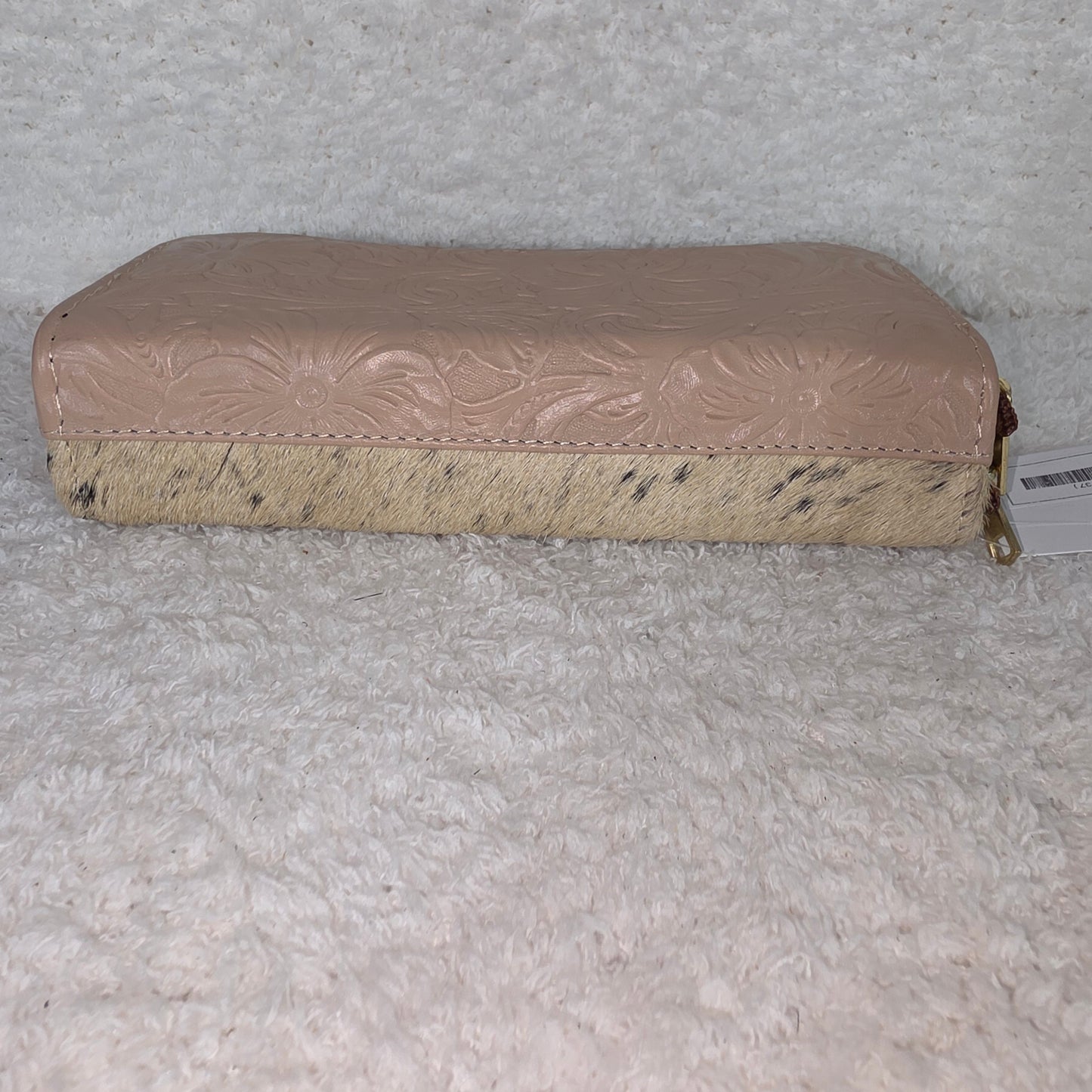 Nude Floral Embossed & Cowhide Hair-On Leather Double Zip Wallet