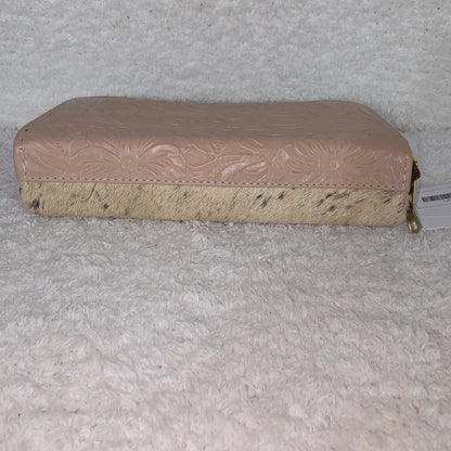 Nude Floral Embossed & Cowhide Hair-On Leather Double Zip Wallet