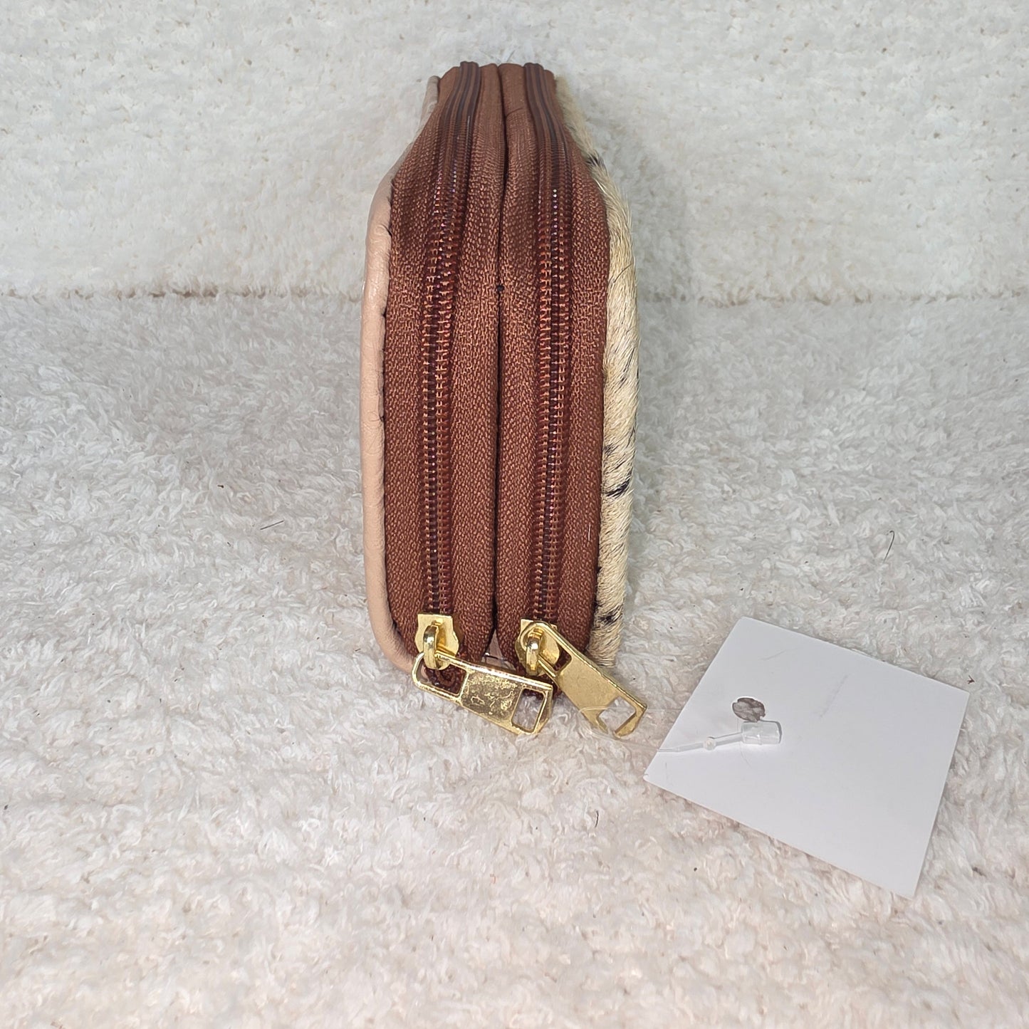 Nude Floral Embossed & Cowhide Hair-On Leather Double Zip Wallet