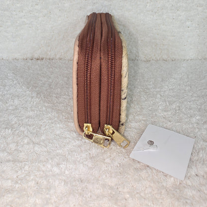 Nude Floral Embossed & Cowhide Hair-On Leather Double Zip Wallet