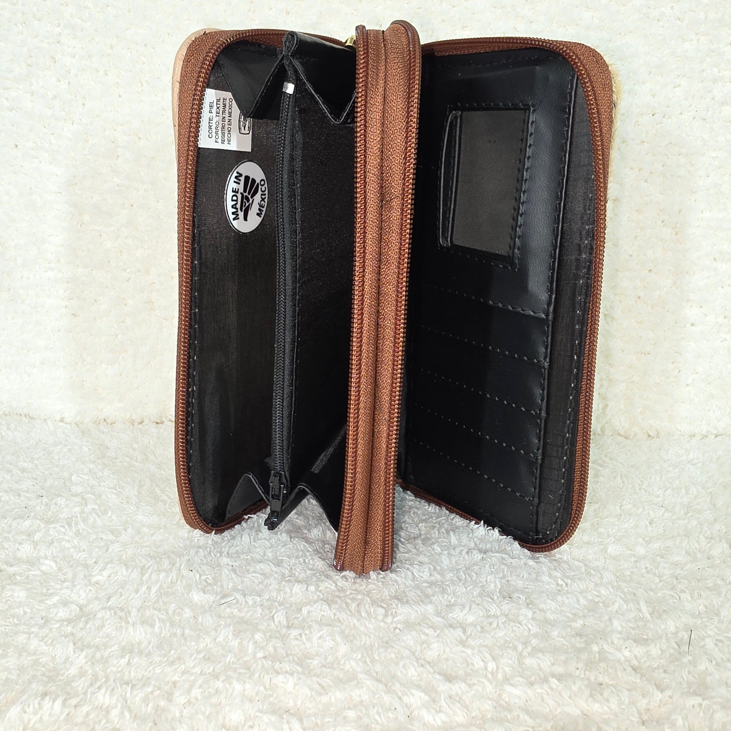 Nude Floral Embossed & Cowhide Hair-On Leather Double Zip Wallet