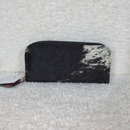 Black Floral Embossed & Cowhide Hair-On Leather Double Zip Wallet — Handmade in León, Mexico