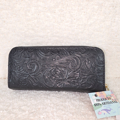 Black Floral Embossed & Cowhide Hair-On Leather Double Zip Wallet