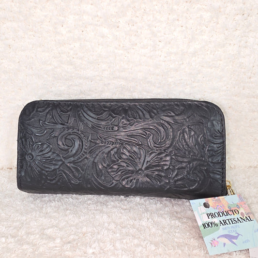 Mexican Handmade Cowhide & Black Floral Embossed Leather Wallet