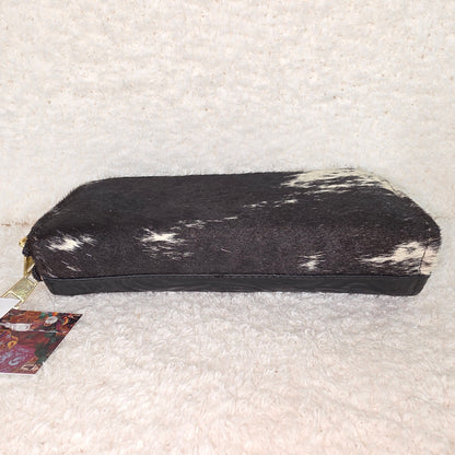 Black Floral Embossed & Cowhide Hair-On Leather Double Zip Wallet