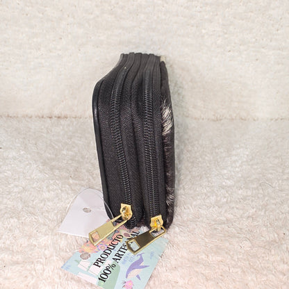 Black Floral Embossed & Cowhide Hair-On Leather Double Zip Wallet