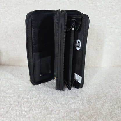 Black Floral Embossed & Cowhide Hair-On Leather Double Zip Wallet