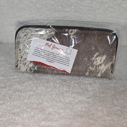 Black Floral Embossed & Cowhide Hair-On Leather Double Zip Wallet