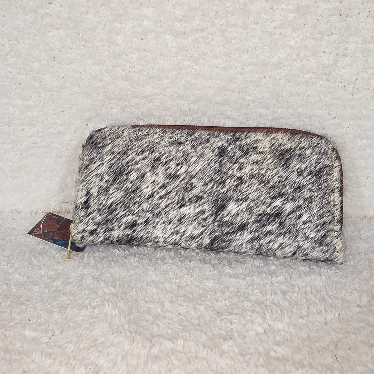 Blue Floral Embossed & Cowhide Hair-On Leather Double Zip Wallet — Handmade in León, Mexico