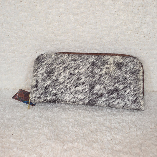 Blue Floral Embossed & Cowhide Hair-On Leather Double Zip Wallet