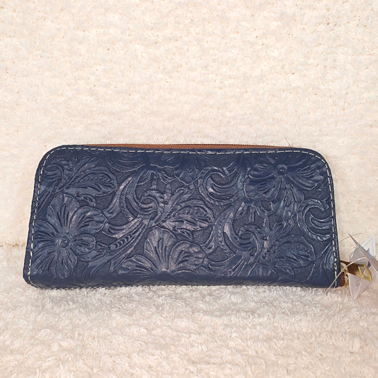 Blue Floral Embossed & Cowhide Hair-On Leather Double Zip Wallet