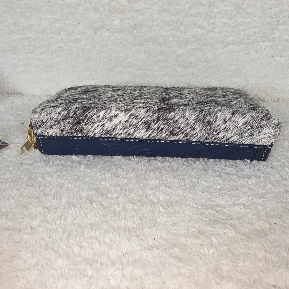 Blue Floral Embossed & Cowhide Hair-On Leather Double Zip Wallet