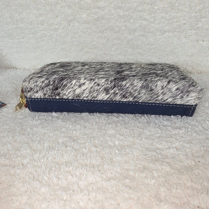Blue Floral Embossed & Cowhide Hair-On Leather Double Zip Wallet