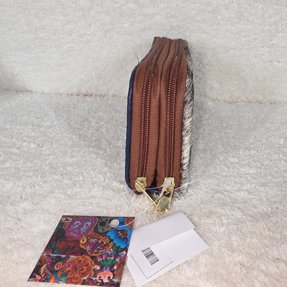 Blue Floral Embossed & Cowhide Hair-On Leather Double Zip Wallet