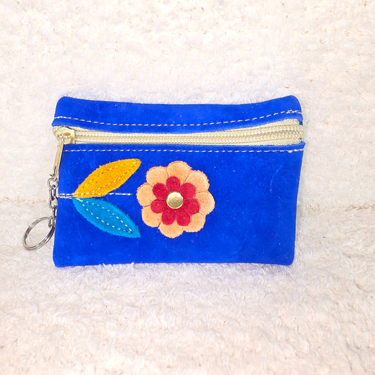Cobalt Blue Suede Leather Flower Coins Purse — Handmade in México