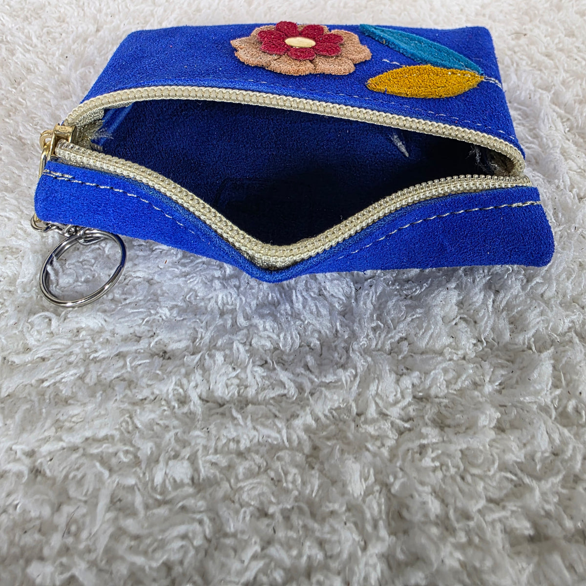 Mexican Suede Leather Flower Cobalt Blue Coins Purse