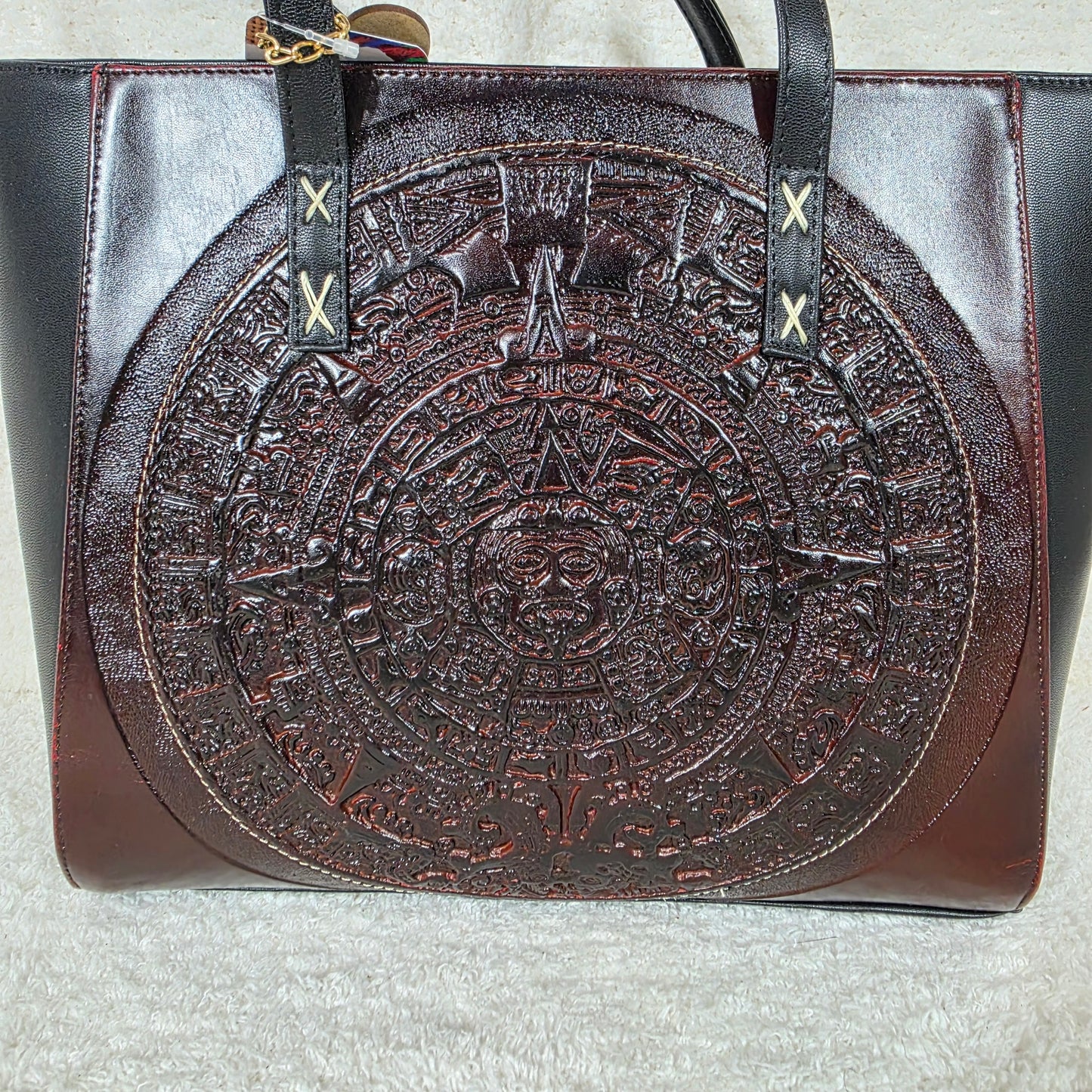 Handcrafted Mexican Aztec Calendar Embossed Vegan Leather Tote Bag