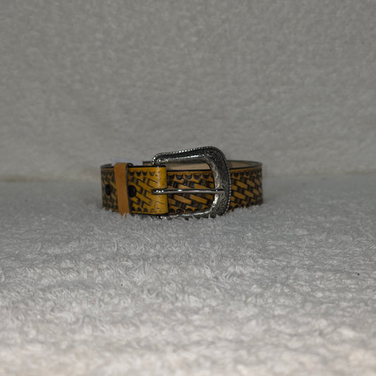 Mexican Handmade Yellow Hand-Tooled Basket weave Cowhide Leather Belt