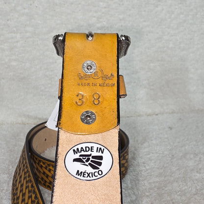 Mexican Handmade Yellow Hand-Tooled Basket weave Cowhide Leather Belt