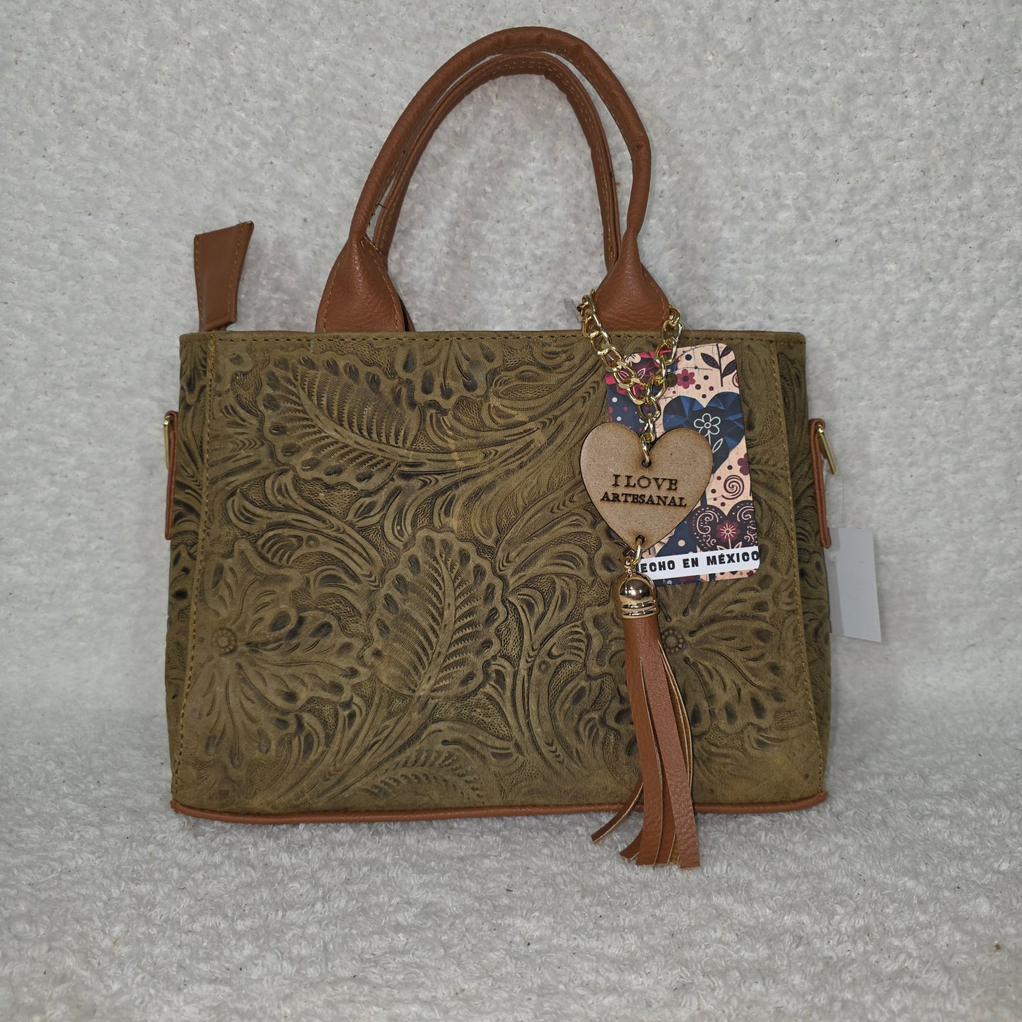 Mexican Handcrafted Moss Green Floral Embossed Leather Mini Tote Bag
