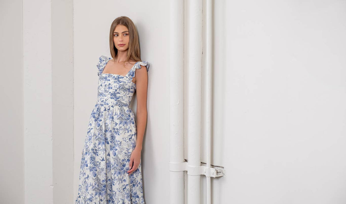 Moon River Ivory & Blue Toile Floral Front Pleating Ruffle Sleeve Midi Dress