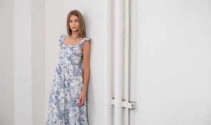 Moon River Ivory & Blue Toile Floral Front Pleating Ruffle Sleeve Midi Dress