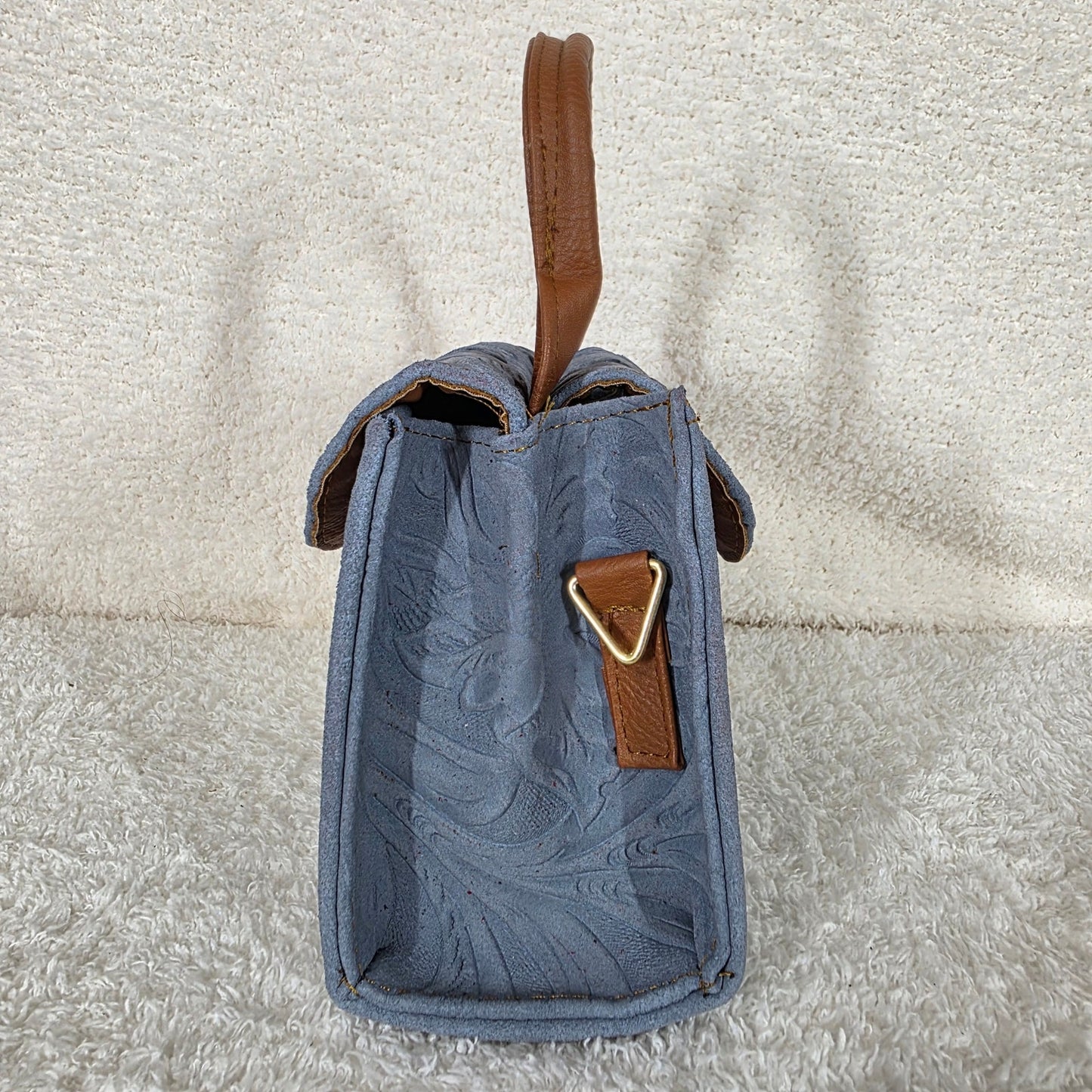 Light Blue Floral Embossed Leather Mini Bag with Detachable Strap