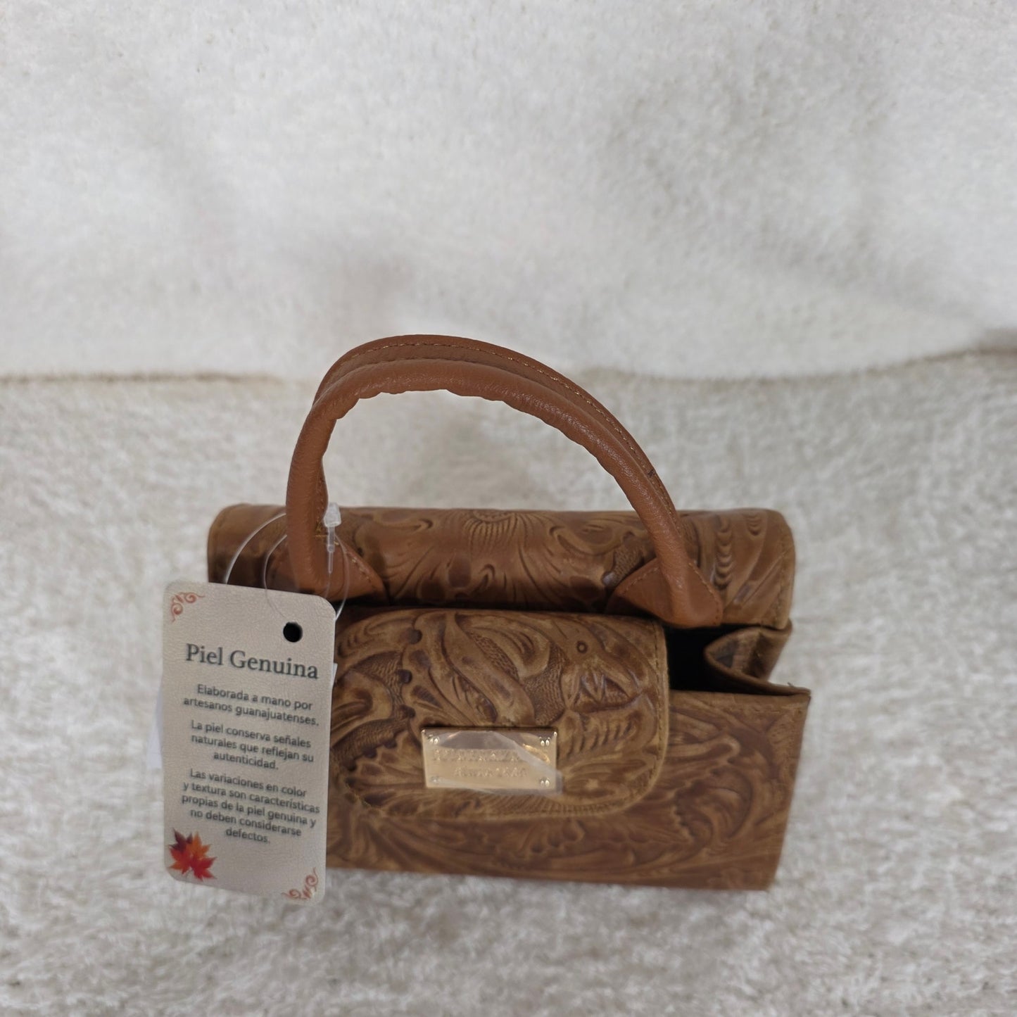 Light Brown Floral Embossed Leather Mini Bag with Detachable Strap