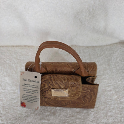 Light Brown Floral Embossed Leather Mini Bag with Detachable Strap