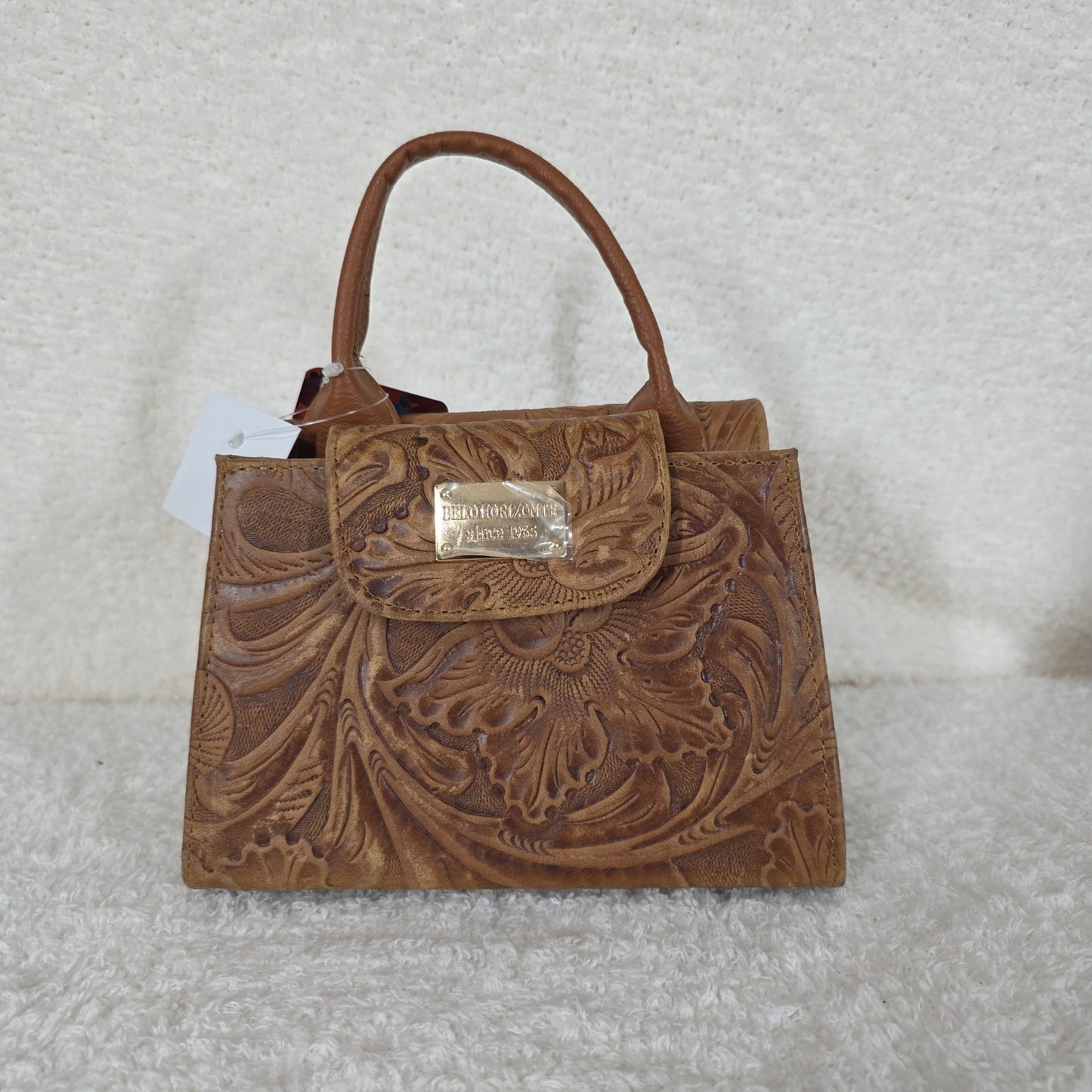 Light Brown Floral Embossed Leather Mini Bag with Detachable Strap