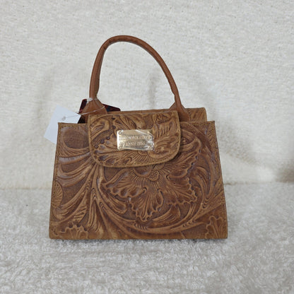 Light Brown Floral Embossed Leather Mini Bag with Detachable Strap — Handmade in León, Guanajuato